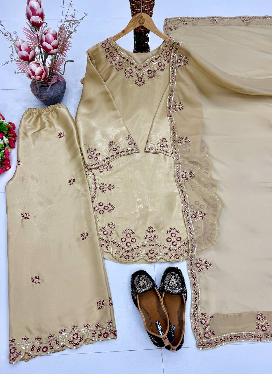 Wedding Wear Cream Color Sequence Embroidered Palazoo Suit With Dupatta
