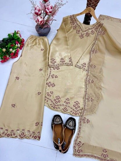 Wedding Wear Cream Color Sequence Embroidered Palazoo Suit With Dupatta