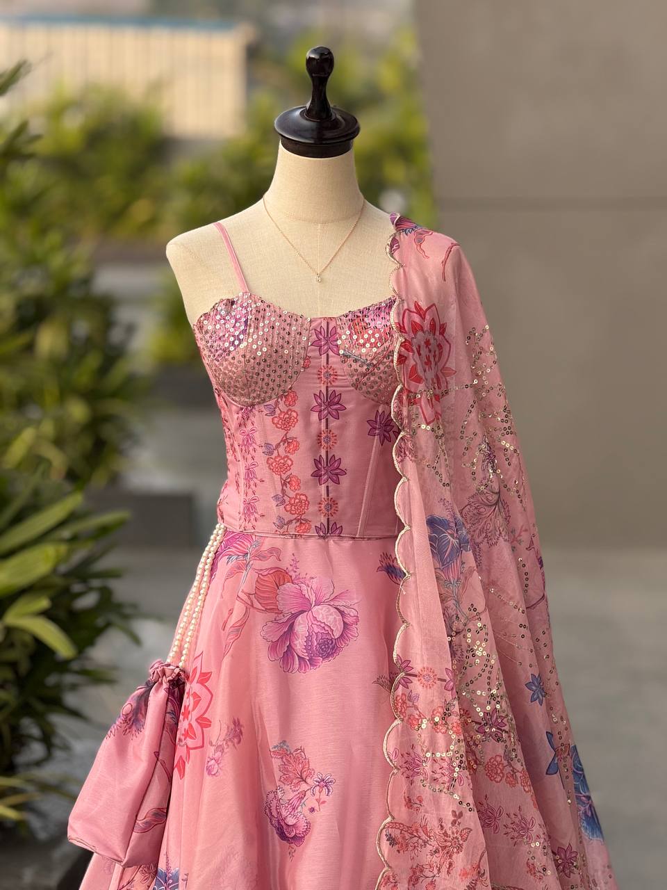 Carnival Wear Pink Color Sequence Embroidered Organza Gown With Corset Pattern Blouse