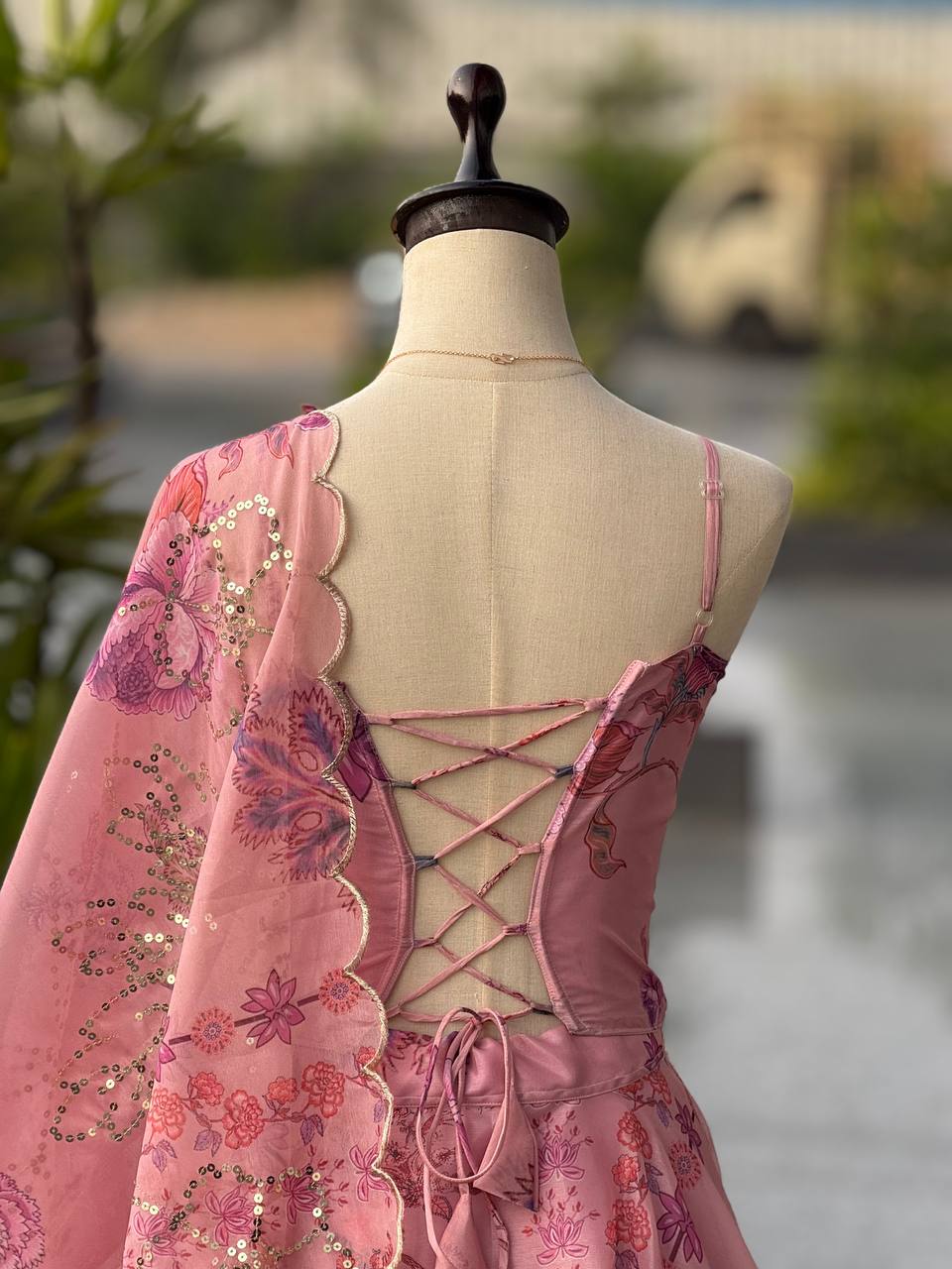 Carnival Wear Pink Color Sequence Embroidered Organza Gown With Corset Pattern Blouse