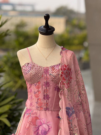 Carnival Wear Pink Color Sequence Embroidered Organza Gown With Corset Pattern Blouse