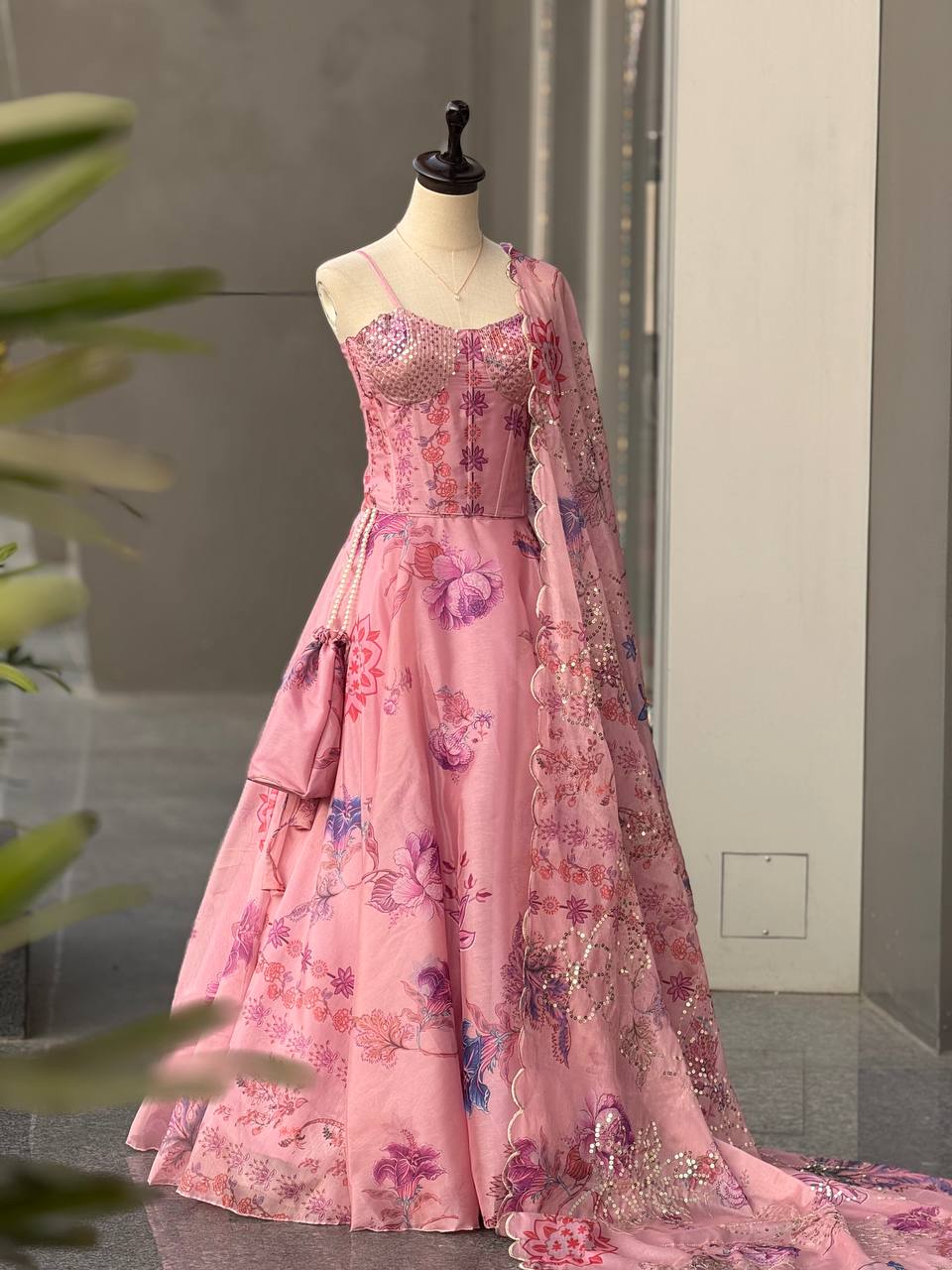 Carnival Wear Pink Color Sequence Embroidered Organza Gown With Corset Pattern Blouse