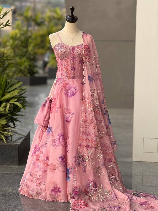 Carnival Wear Pink Color Sequence Embroidered Organza Gown With Corset Pattern Blouse