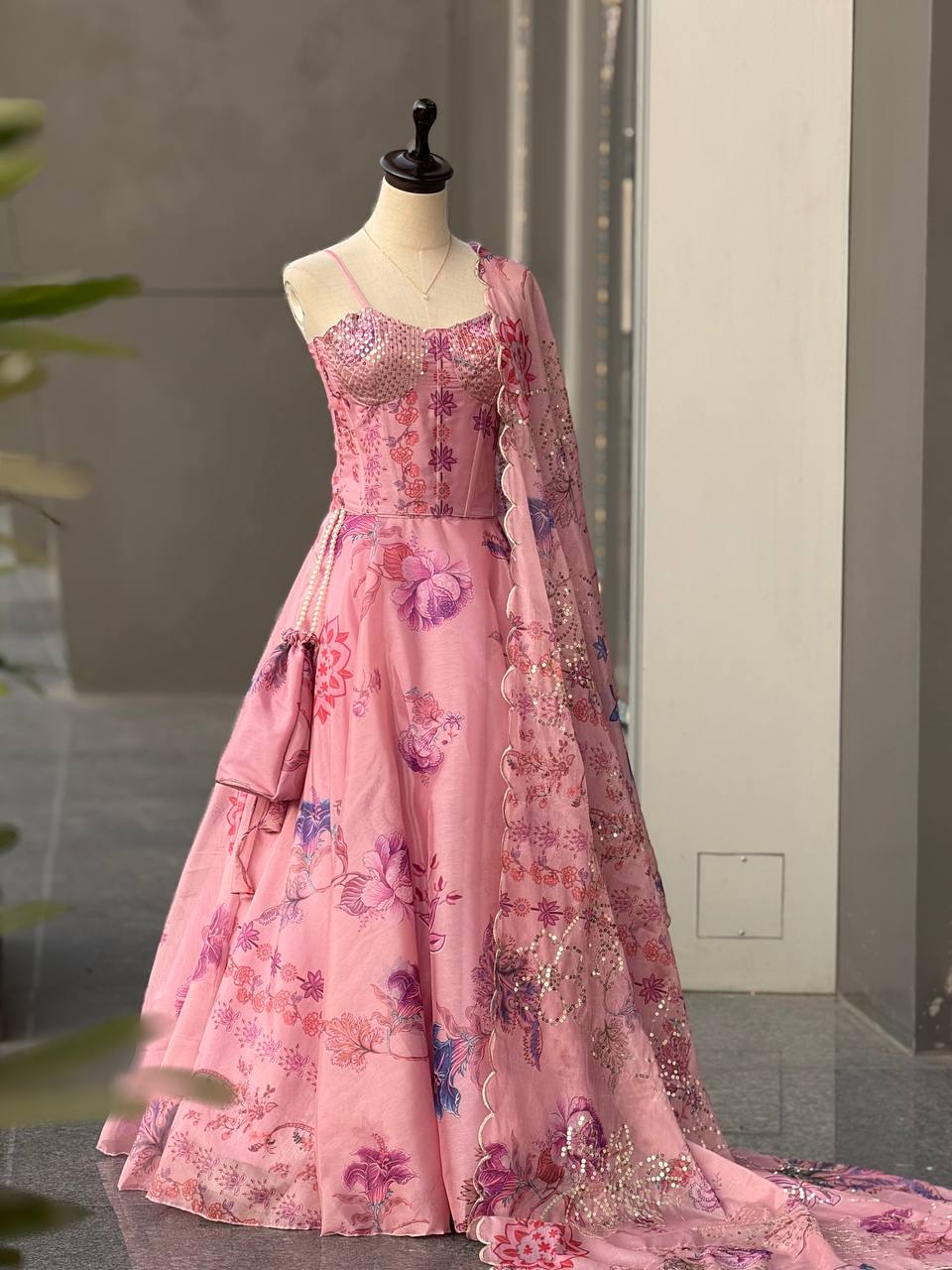 Carnival Wear Pink Color Sequence Embroidered Organza Gown With Corset Pattern Blouse