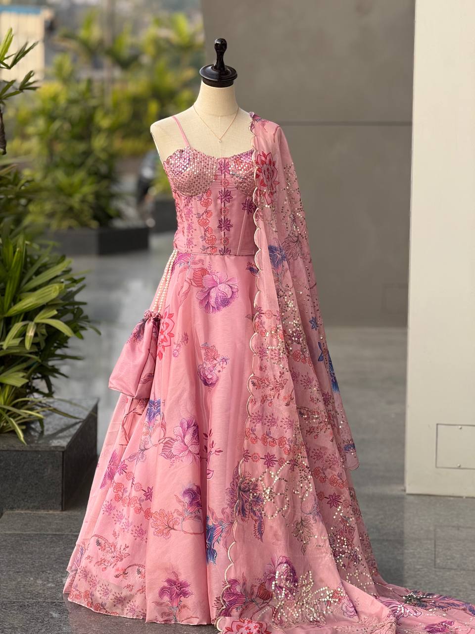 Carnival Wear Pink Color Sequence Embroidered Organza Gown With Corset Pattern Blouse