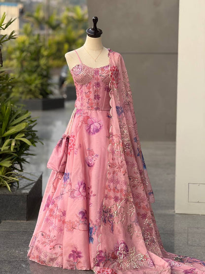 Carnival Wear Pink Color Sequence Embroidered Organza Gown With Corset Pattern Blouse
