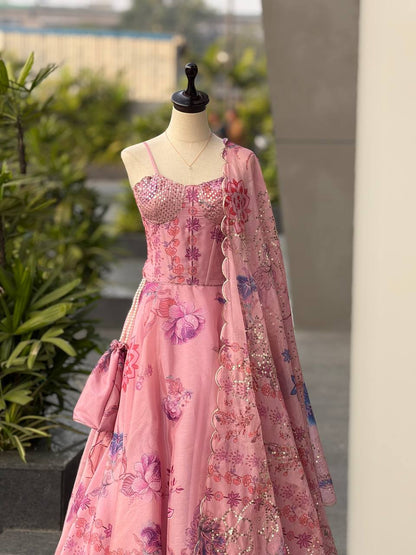 Carnival Wear Pink Color Sequence Embroidered Organza Gown With Corset Pattern Blouse