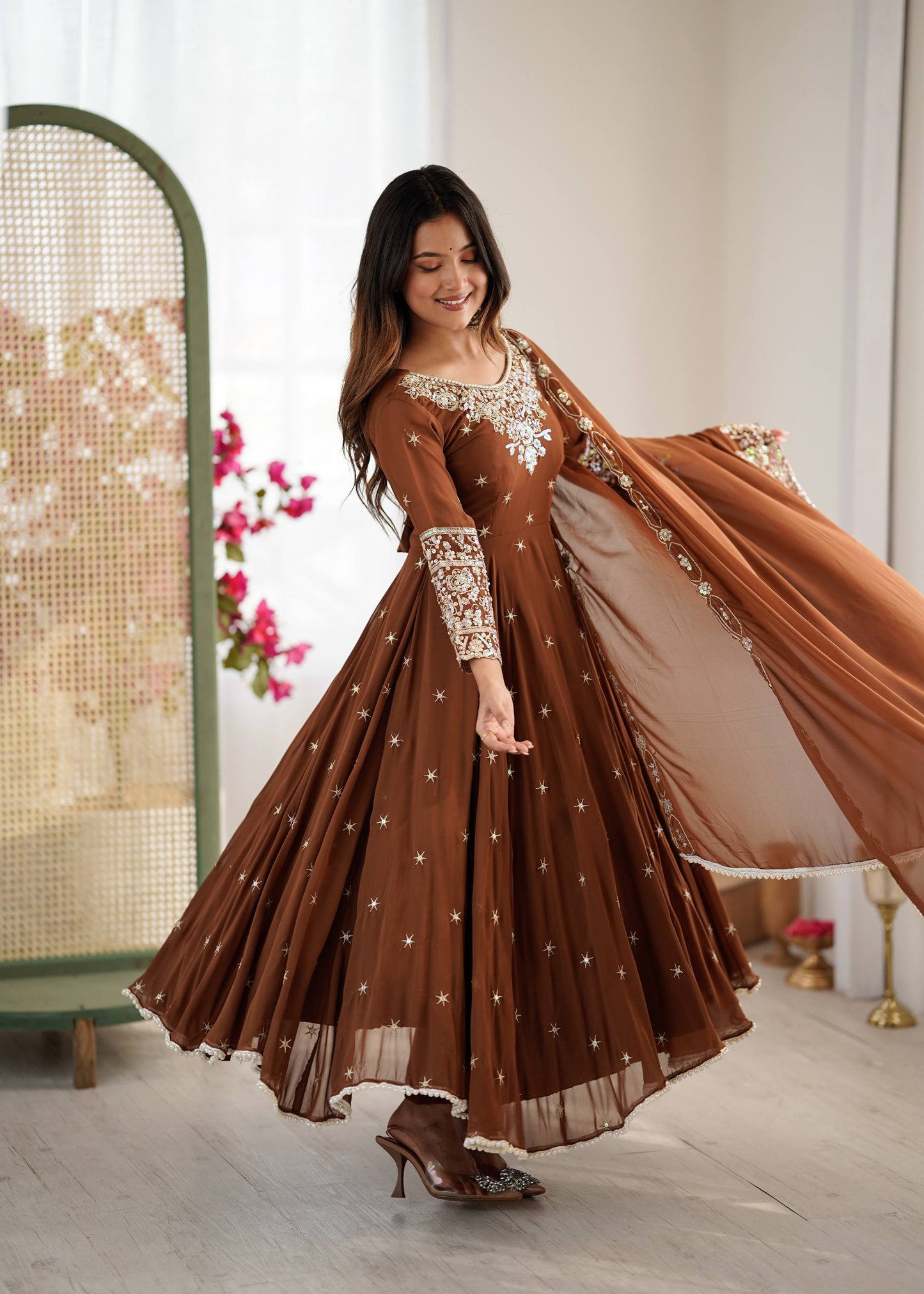 Wedding Wear Brown Color Rainbow Sequence Anarkali Gown With Dupatta