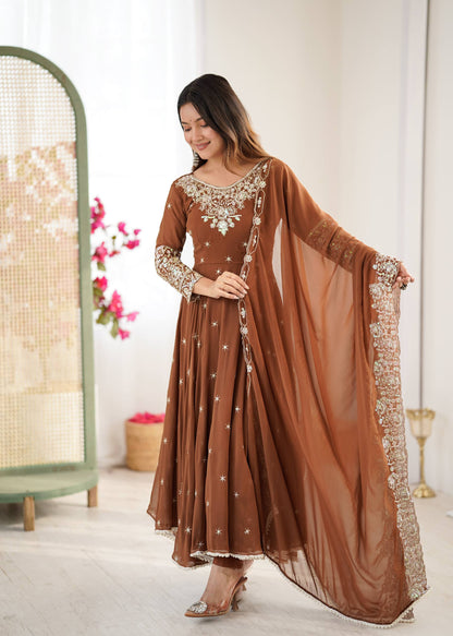 Wedding Wear Brown Color Rainbow Sequence Anarkali Gown With Dupatta
