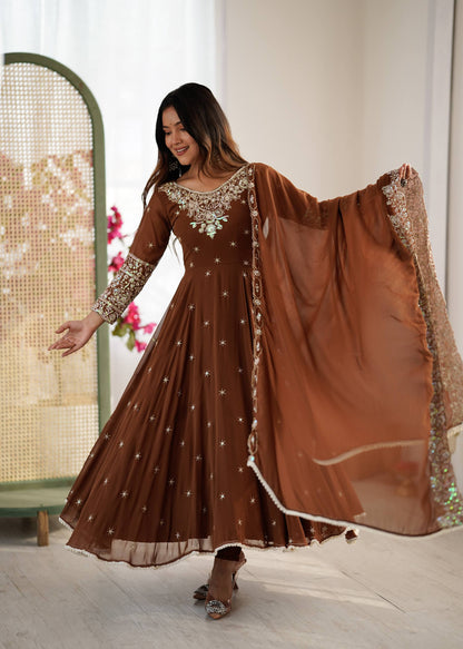 Wedding Wear Brown Color Rainbow Sequence Anarkali Gown With Dupatta