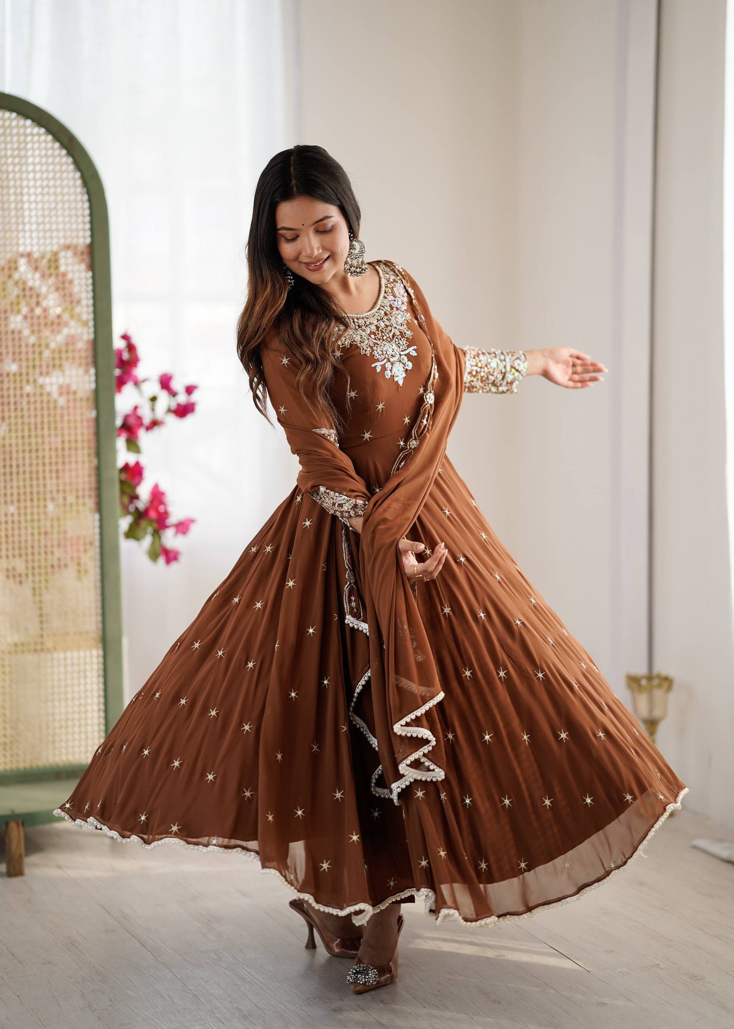 Wedding Wear Brown Color Rainbow Sequence Anarkali Gown With Dupatta