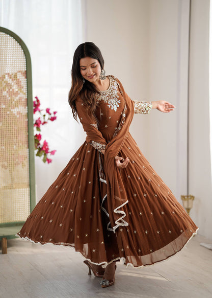 Wedding Wear Brown Color Rainbow Sequence Anarkali Gown With Dupatta