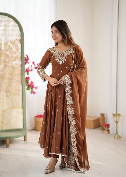 Wedding Wear Brown Color Rainbow Sequence Anarkali Gown With Dupatta