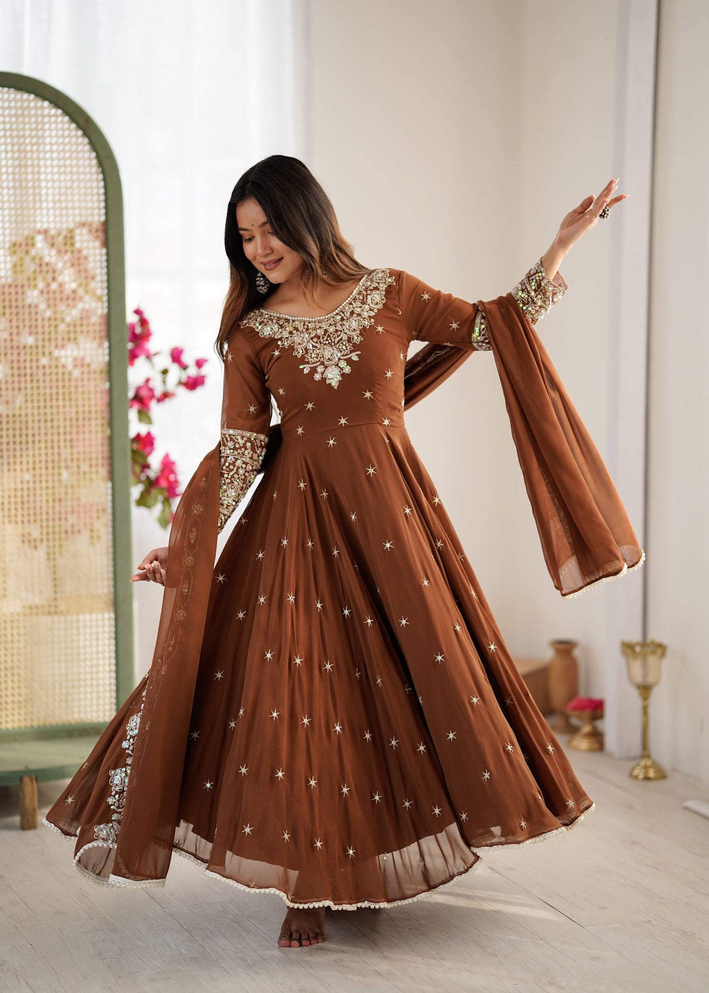 Wedding Wear Brown Color Rainbow Sequence Anarkali Gown With Dupatta