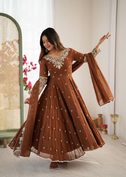 Wedding Wear Brown Color Rainbow Sequence Anarkali Gown With Dupatta