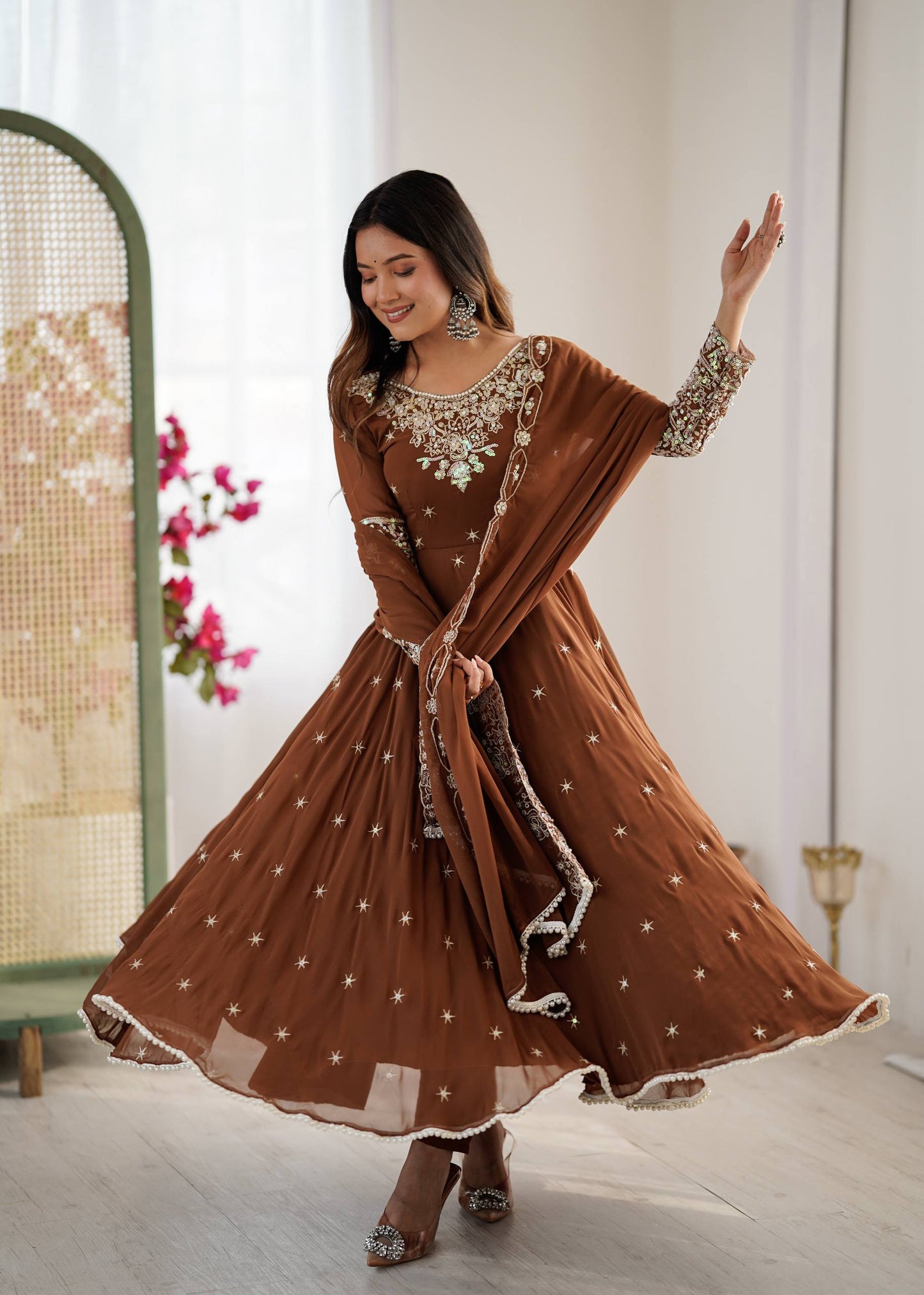 Wedding Wear Brown Color Rainbow Sequence Anarkali Gown With Dupatta