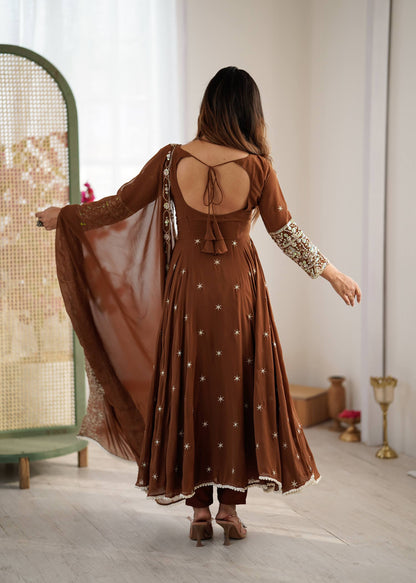 Wedding Wear Brown Color Rainbow Sequence Anarkali Gown With Dupatta