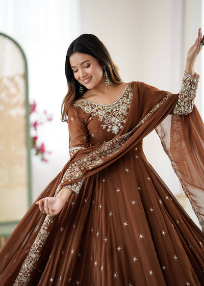 Wedding Wear Brown Color Rainbow Sequence Anarkali Gown With Dupatta
