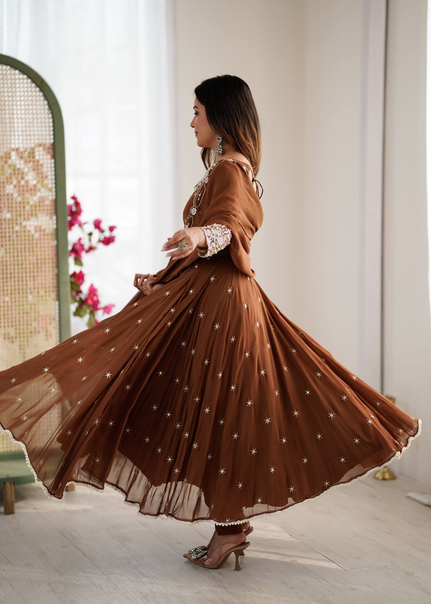 Wedding Wear Brown Color Rainbow Sequence Anarkali Gown With Dupatta