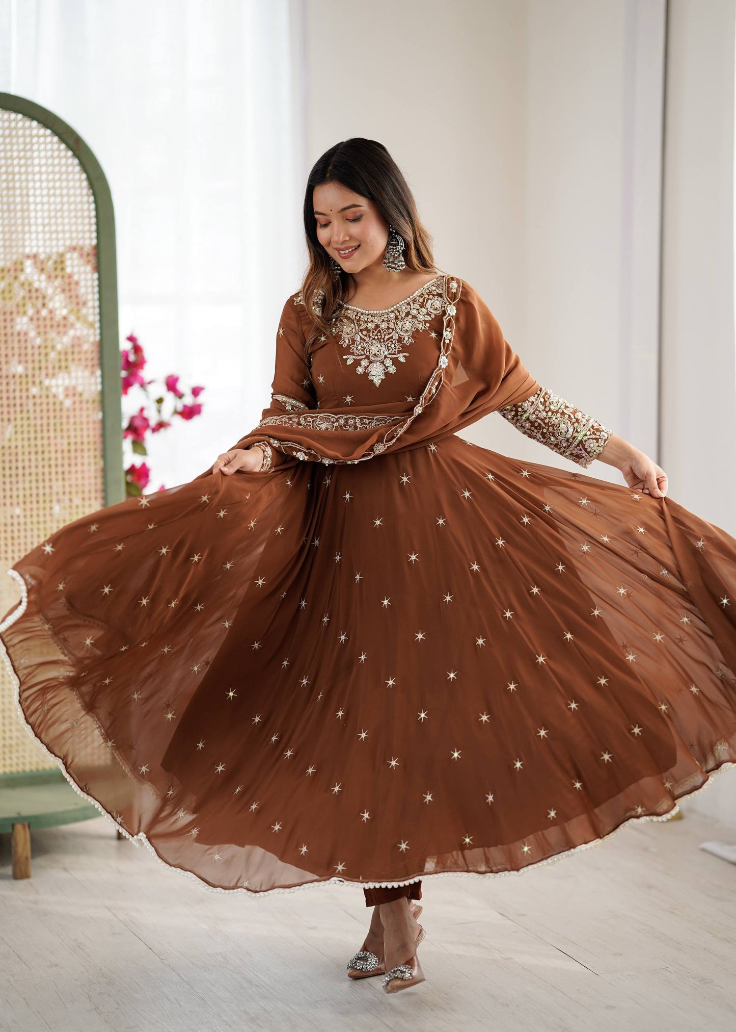 Wedding Wear Brown Color Rainbow Sequence Anarkali Gown With Dupatta