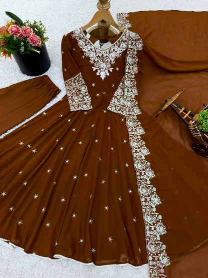 Wedding Wear Brown Color Rainbow Sequence Anarkali Gown With Dupatta
