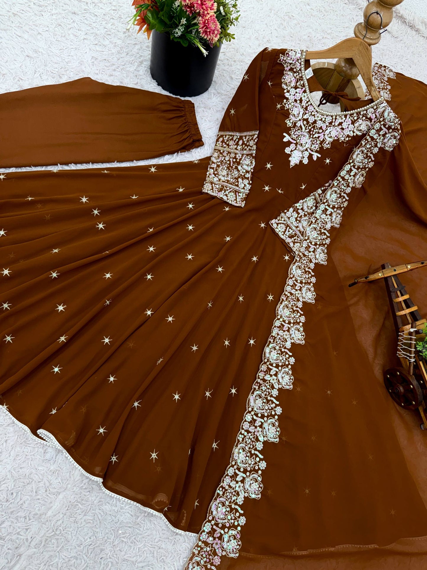 Wedding Wear Brown Color Rainbow Sequence Anarkali Gown With Dupatta