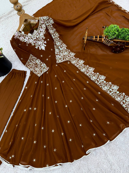 Wedding Wear Brown Color Rainbow Sequence Anarkali Gown With Dupatta