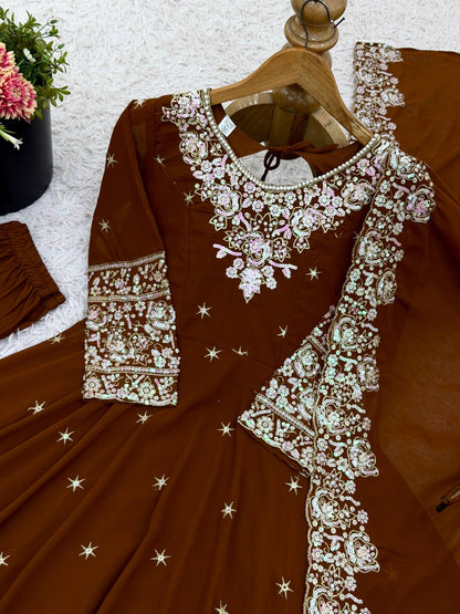 Wedding Wear Brown Color Rainbow Sequence Anarkali Gown With Dupatta