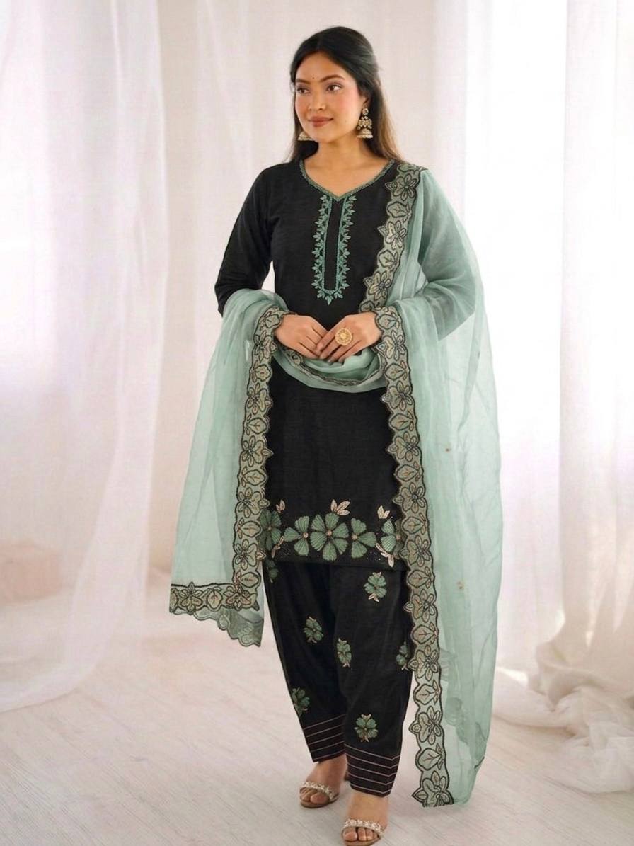 Sangeet Wear Green Color Sequence Embroidered Farshi Suit With Dupatta