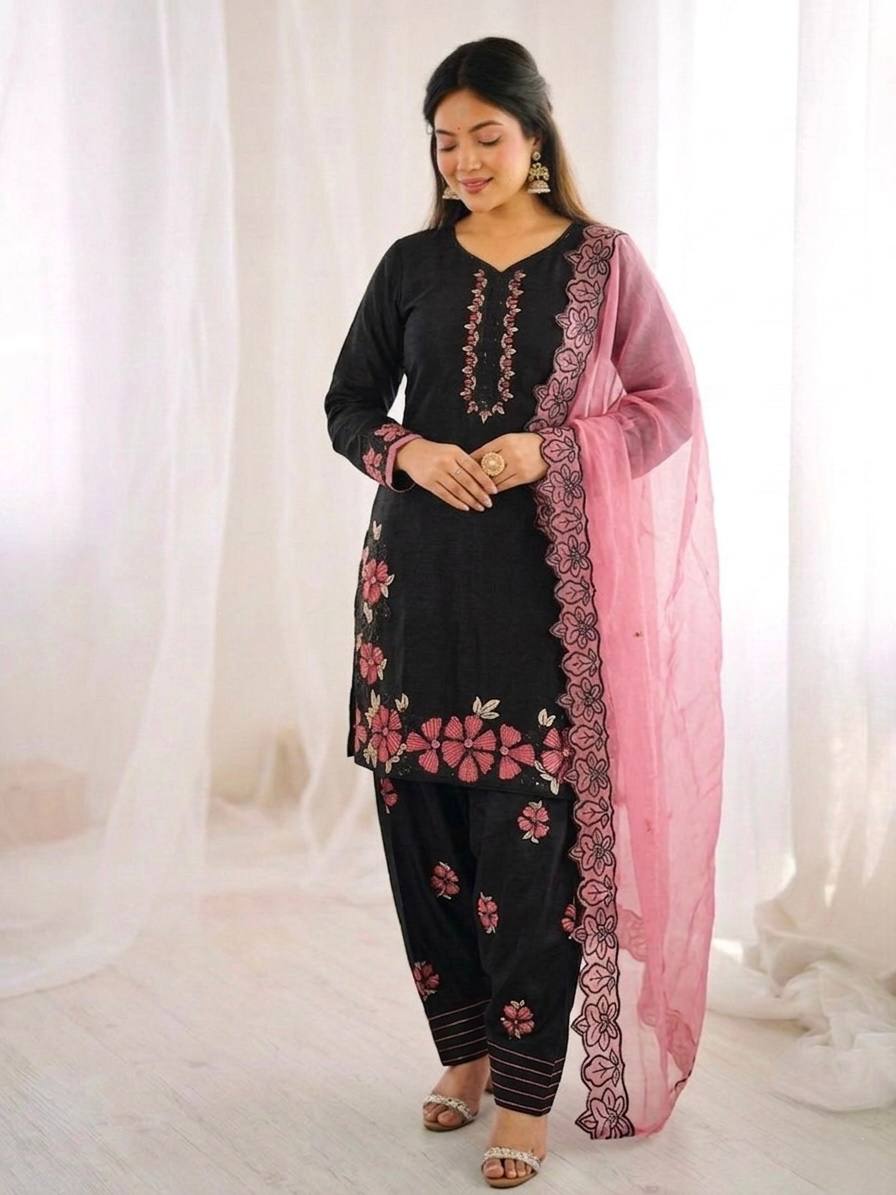 Attractive Pink Color Sequence Embroidered Farshi Suit With Dupatta