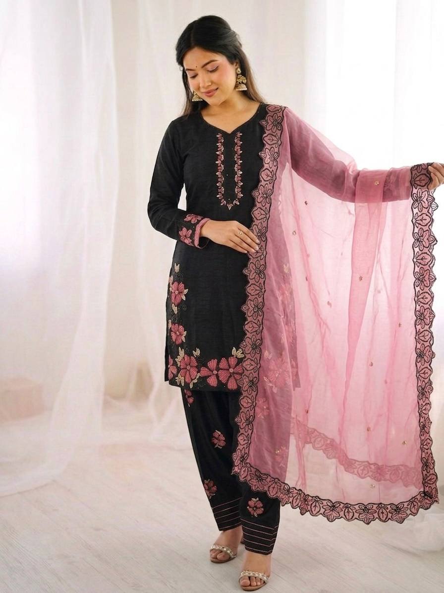 Attractive Pink Color Sequence Embroidered Farshi Suit With Dupatta