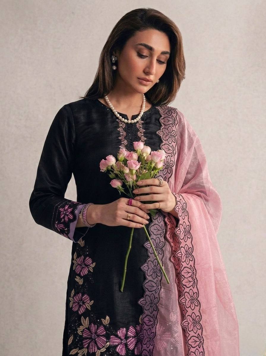 Attractive Pink Color Sequence Embroidered Farshi Suit With Dupatta
