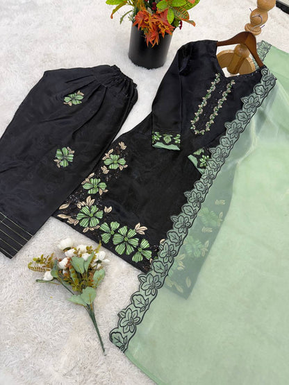 Sangeet Wear Green Color Sequence Embroidered Farshi Suit With Dupatta