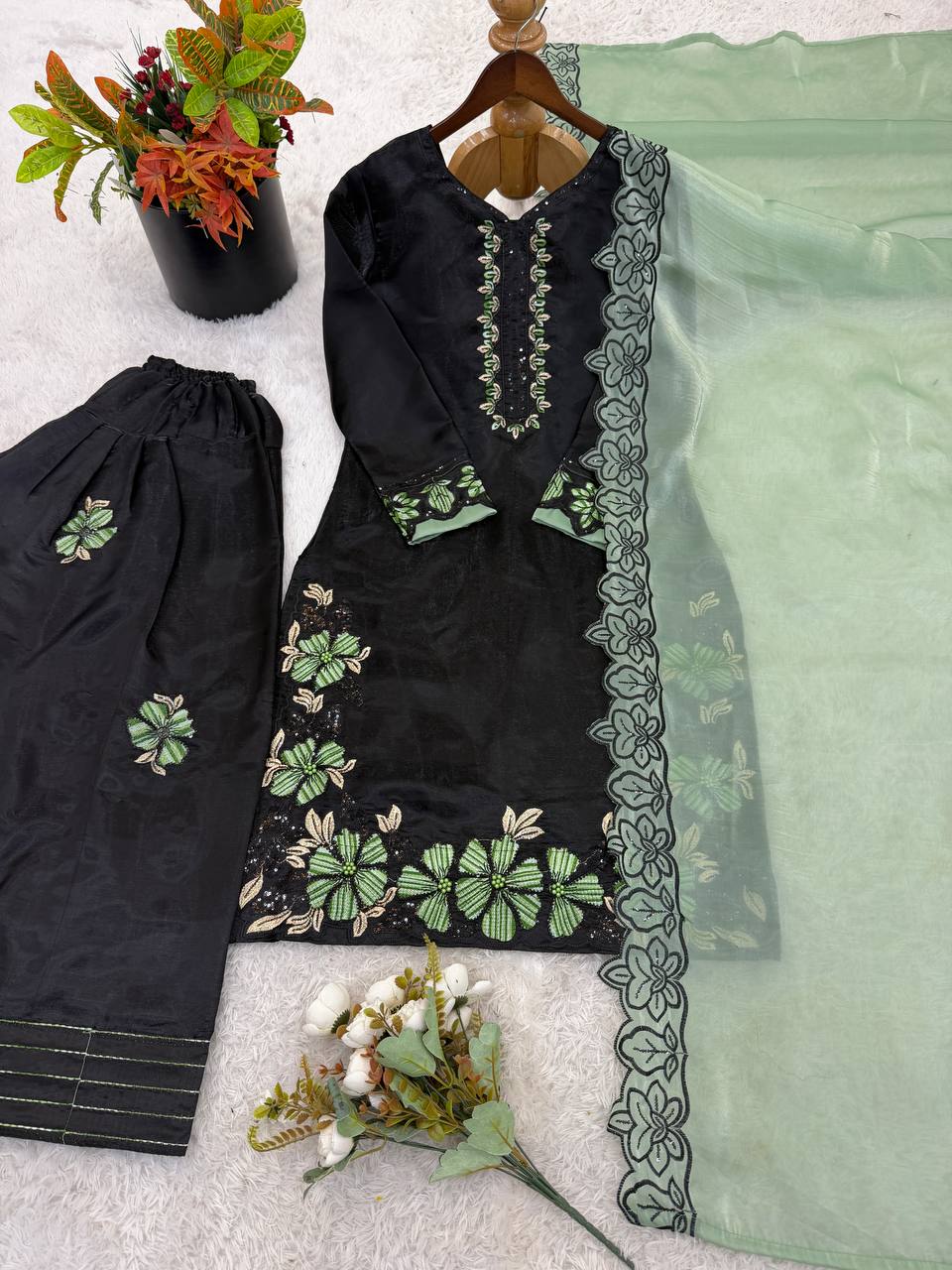 Sangeet Wear Green Color Sequence Embroidered Farshi Suit With Dupatta