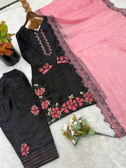 Attractive Pink Color Sequence Embroidered Farshi Suit With Dupatta