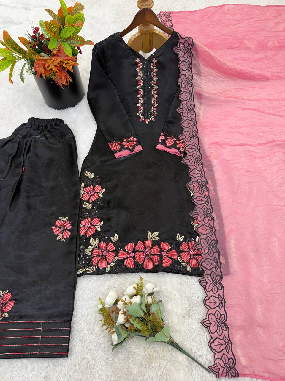 Attractive Pink Color Sequence Embroidered Farshi Suit With Dupatta