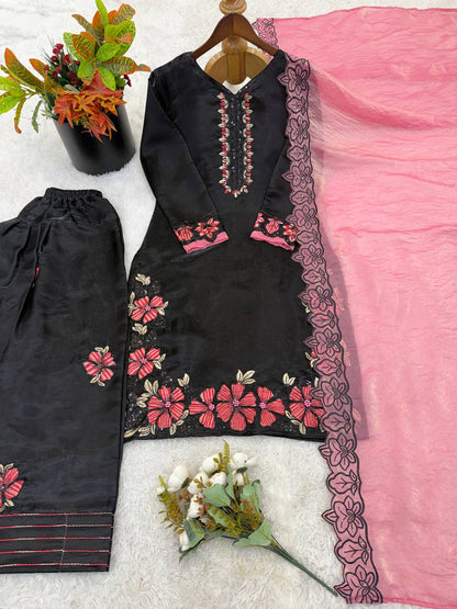 Attractive Pink Color Sequence Embroidered Farshi Suit With Dupatta