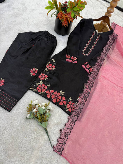 Attractive Pink Color Sequence Embroidered Farshi Suit With Dupatta