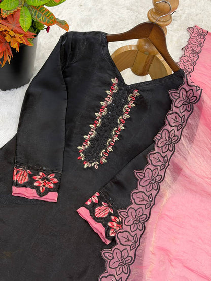 Attractive Pink Color Sequence Embroidered Farshi Suit With Dupatta