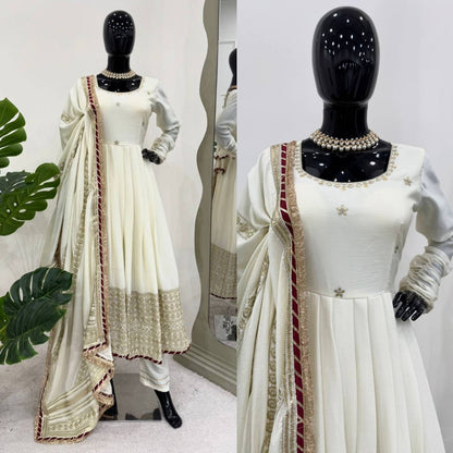 Function Wear Off White Color Soft Chinon Thread Embroidery With Sequins Work Beautiful Gown