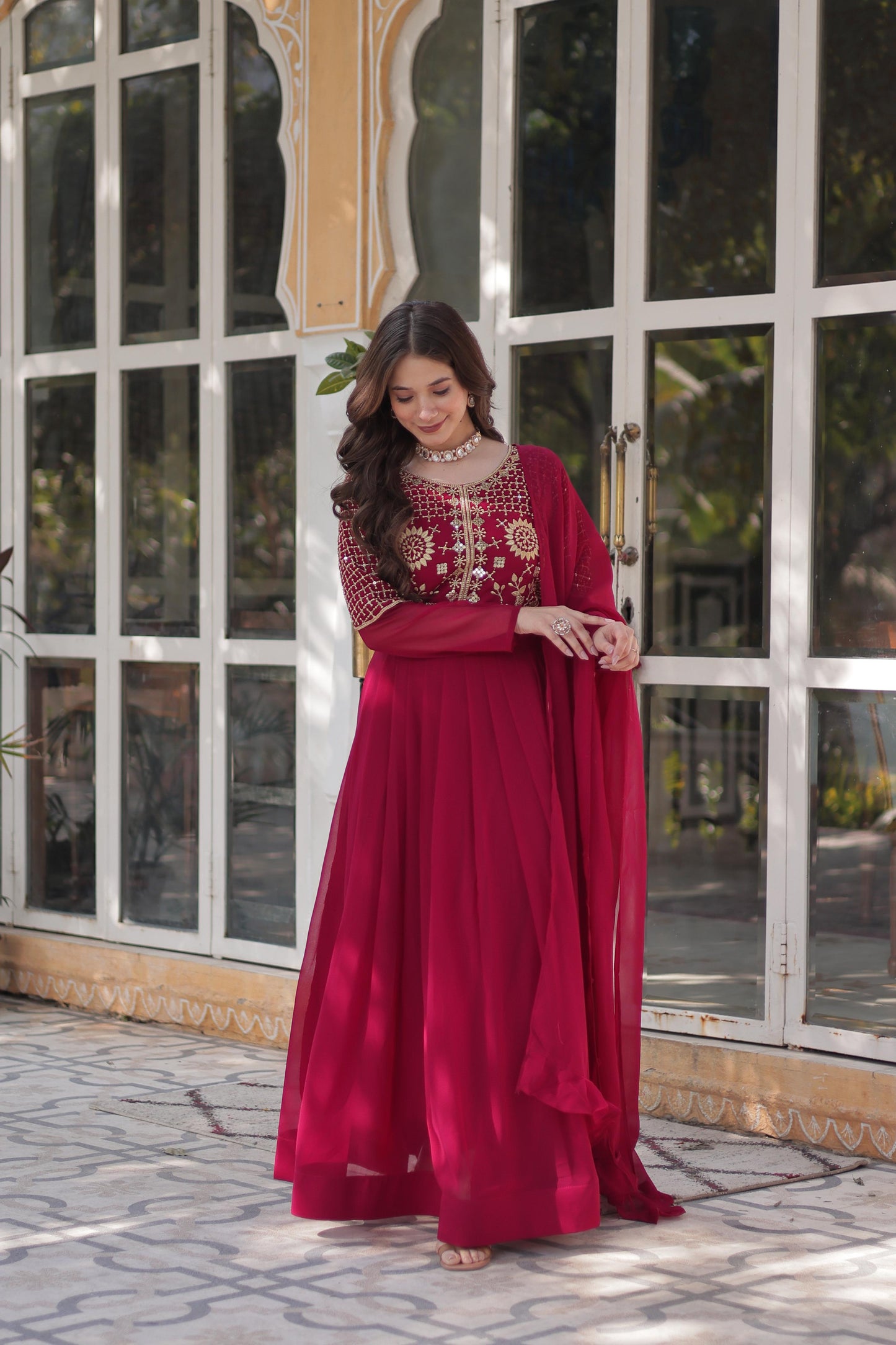 Stunning Georgette Embroidered Work Red Color Gown