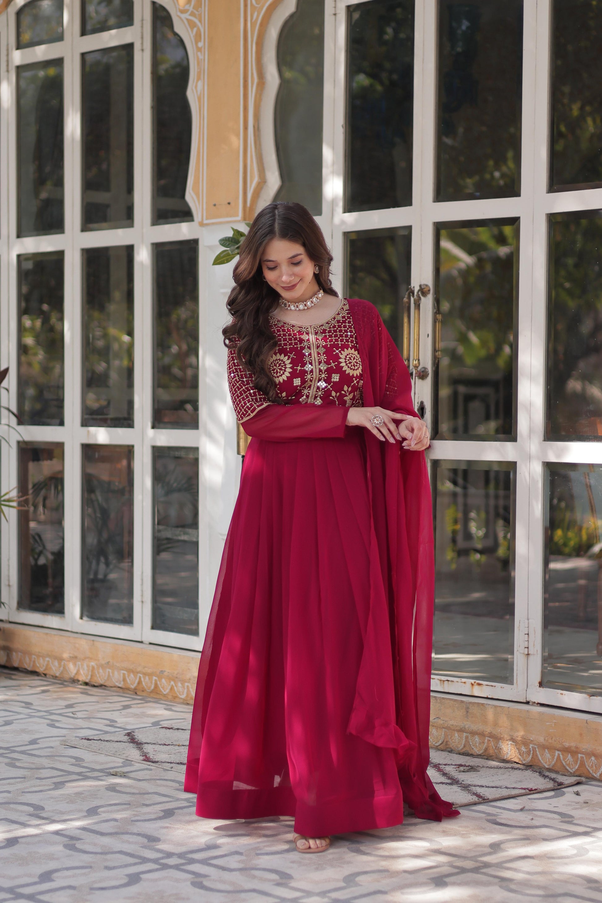Stunning Georgette Embroidered Work Red Color Gown