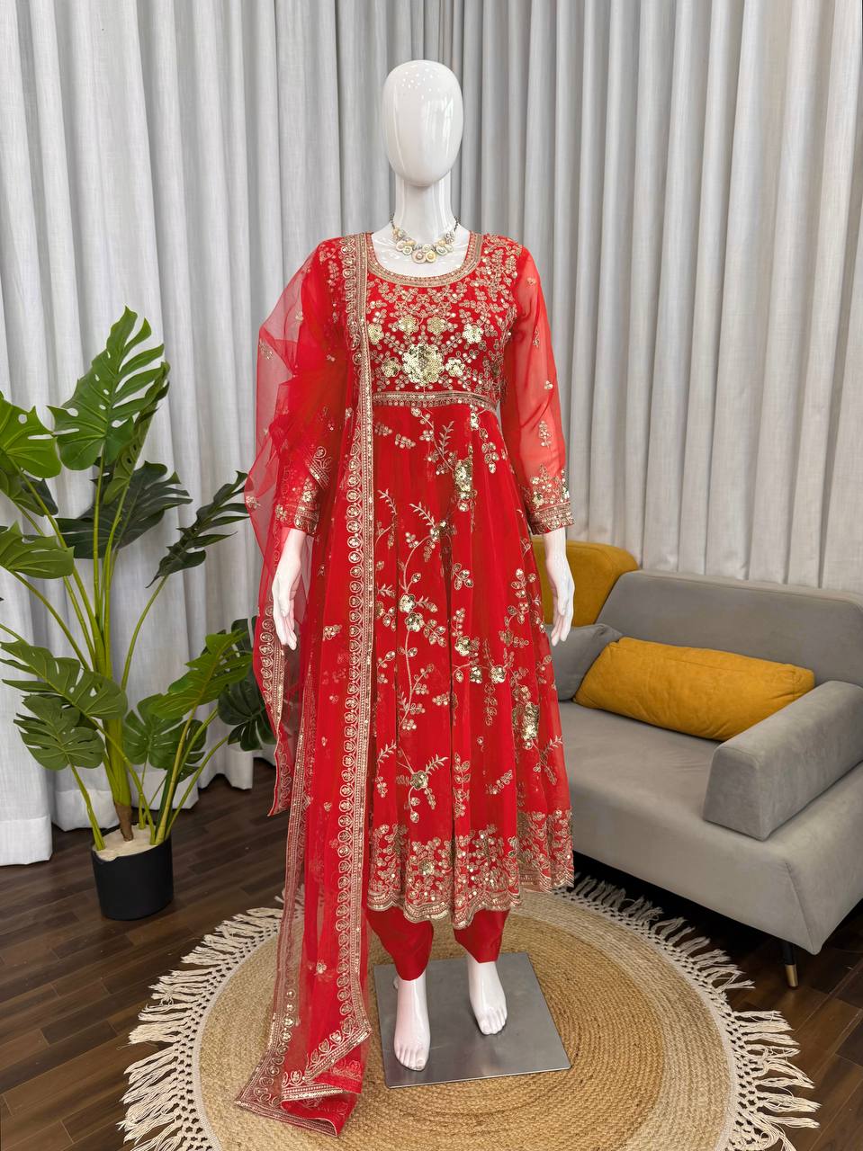 Unique Orange Color Sequence Anarkali Suit With Dupatta