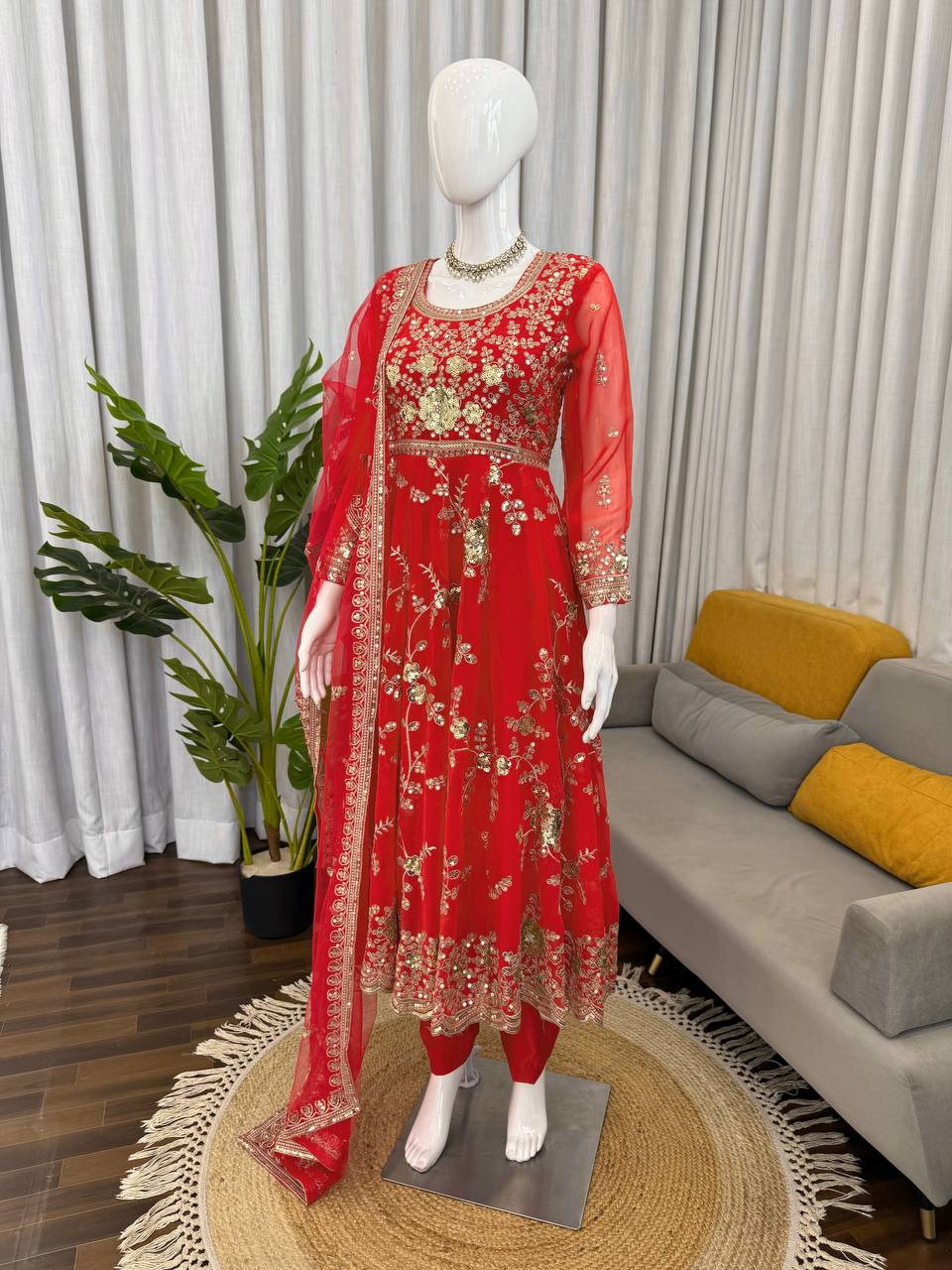 Unique Orange Color Sequence Anarkali Suit With Dupatta