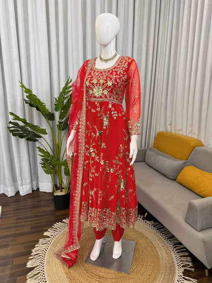 Unique Orange Color Sequence Anarkali Suit With Dupatta
