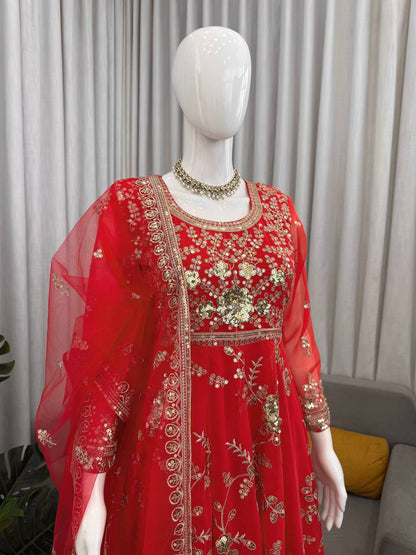 Unique Orange Color Sequence Anarkali Suit With Dupatta