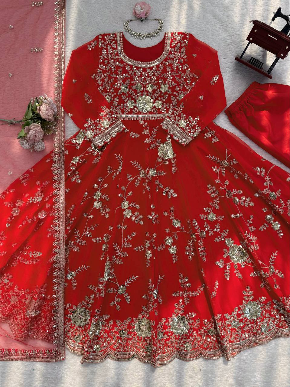 Unique Orange Color Sequence Anarkali Suit With Dupatta
