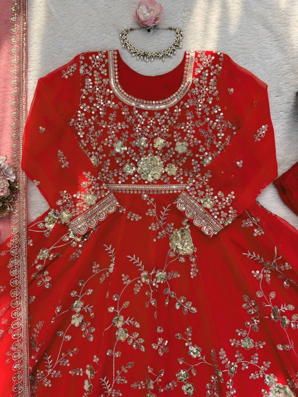 Unique Orange Color Sequence Anarkali Suit With Dupatta