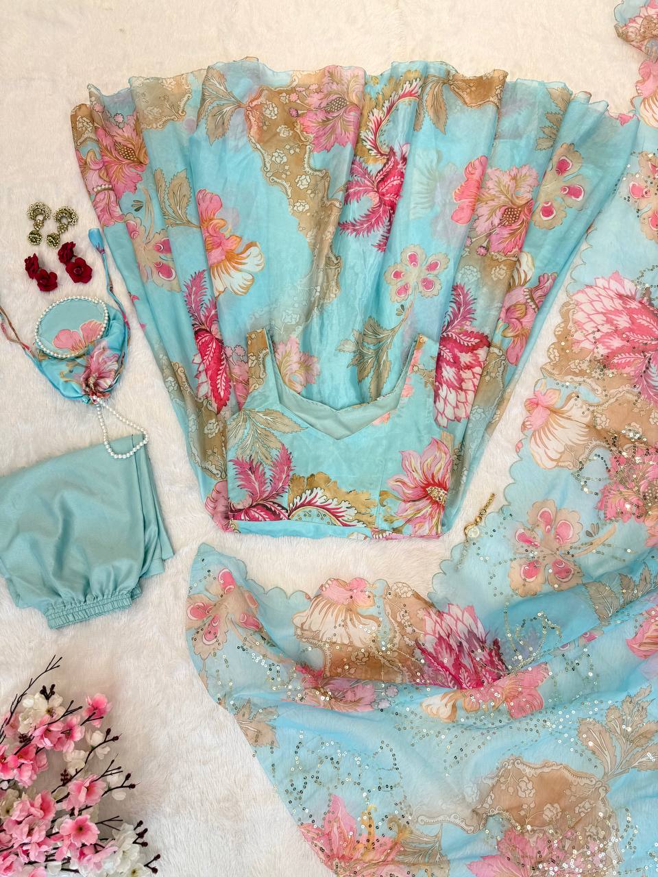 Sky Blue Organza Floral Printed Festive Wear Anarkali Suit Set