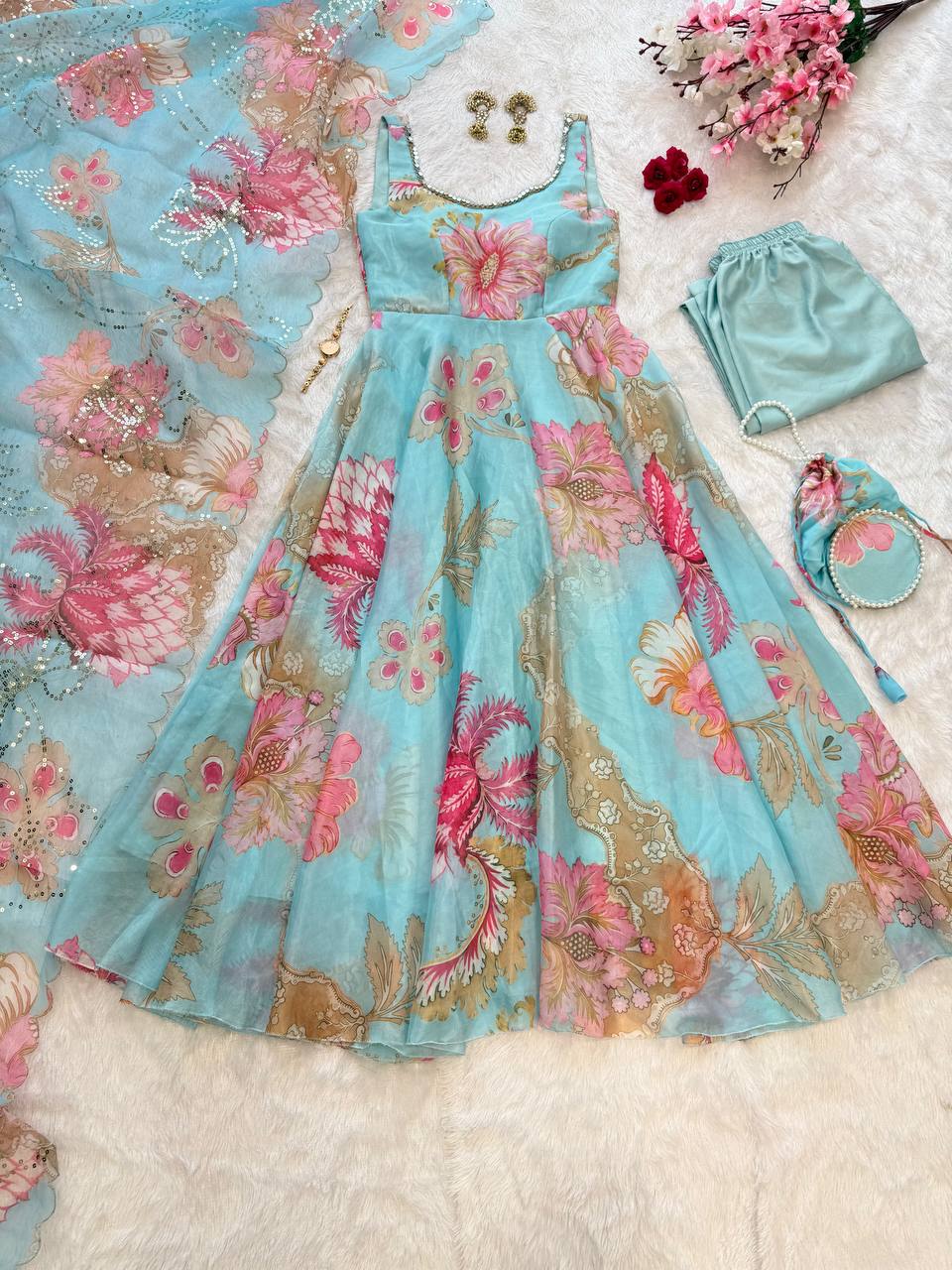 Sky Blue Organza Floral Printed Festive Wear Anarkali Suit Set
